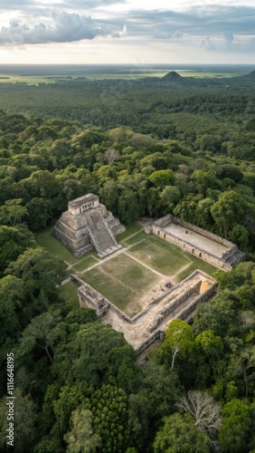 Exploring an Ancient Mayan Ball Court From Above in Guatemala's Lush Landscape. Generative AI photo