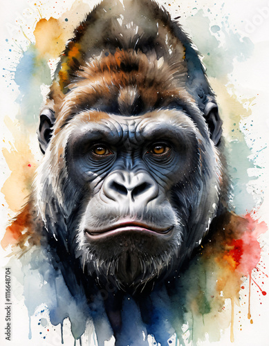 Realistic Watercolor Portrait of a Gorilla Showcasing Its Majestic Features photo