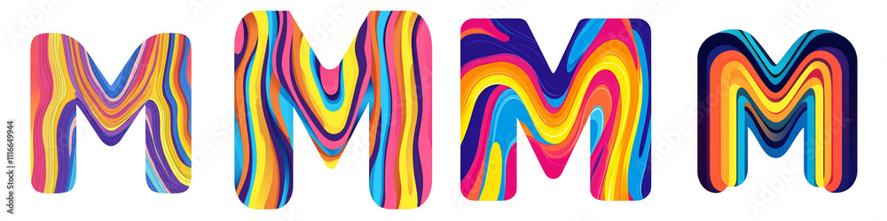 Obraz premium Alphabet M, made with bright wavy colorful pattern, Logo design, letter, isolated on a transparent background