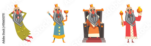 Funny Bearded King Character Emperor in Golden Crown Vector Set