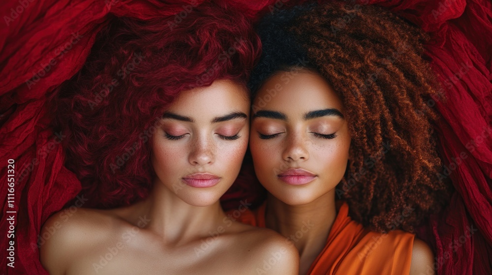 Two women lie side by side on rich red fabric, their eyes closed peacefully. They display different curly hairstyles and serene expressions, suggesting trust and intimacy Two women lie side by side on rich red fabric, their eyes closed peacefully. They display different curly hairstyles and serene expressions, suggesting trust and intimacy