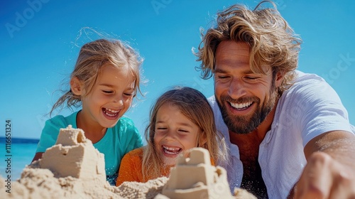 smiling father and his two daughters enthusiastically construct sandcastles along the shoreline, enjoying a sunny day filled with laughter and fun in the warm sand photo