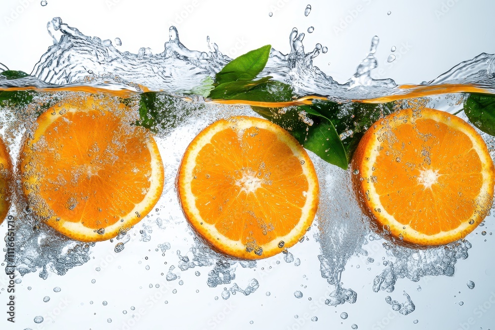 Orange slices in mid-air surrounded by splashing water and droplets isolated on a white background Orange slices in mid-air surrounded by splashing water and droplets isolated on a white background