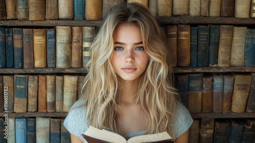 young woman stands casually in a cozy book-filled environment, holding an open book and looking directly at the viewer with a serene expression