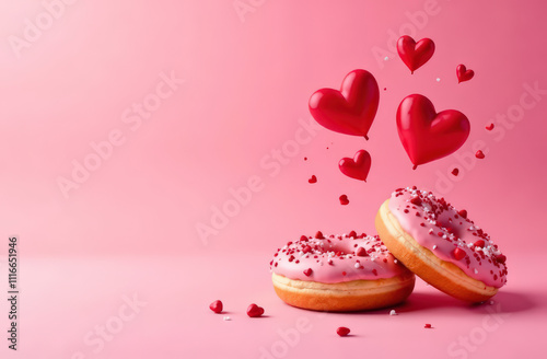 Romantic pink donuts with heart-shaped sprinkles on pastel background