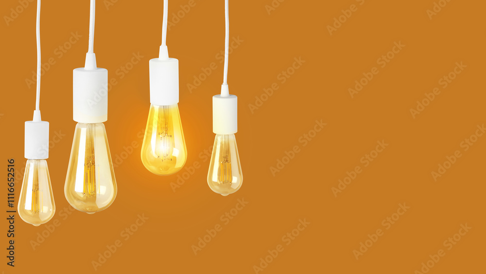 One glowing light bulb among others on ochre color background. Banner design with space for text