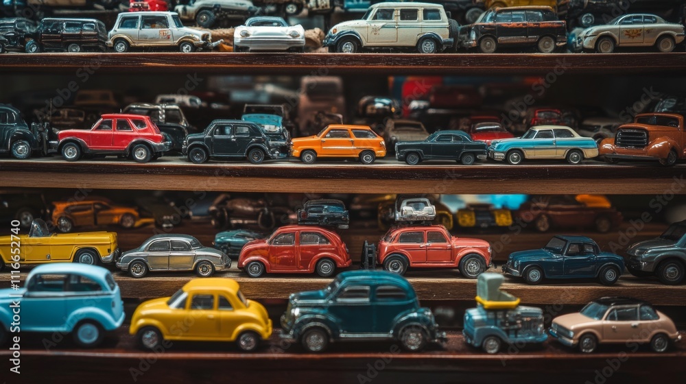 Obraz premium Vintage Car Models Display on Wooden Shelves