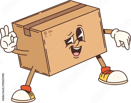 Cartoon groovy delivery cardboard box character with expressive eyes, wearing sneakers, and striking confident pose. Vector parcel retro personage smiling and making an ok gesture conveys a funky vibe