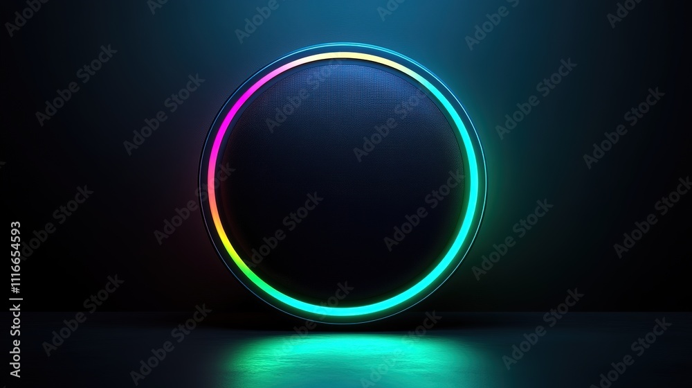 Fototapeta premium Circular glowing neon object on dark reflective surface.