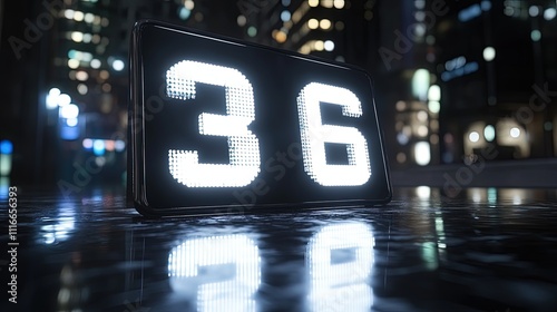 Digital display showing number 36, illuminated at night city street. photo