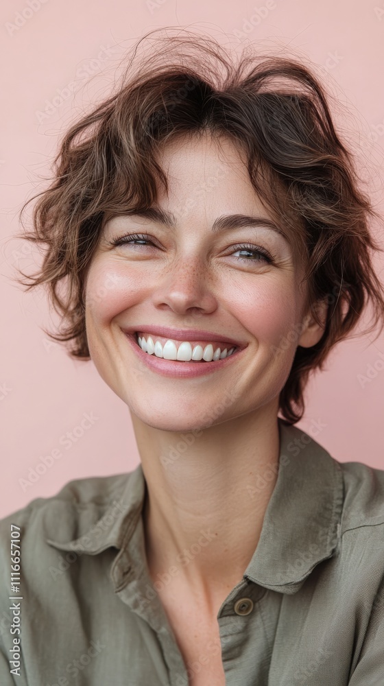 A joyful and smiling woman portrait on solid background A joyful and smiling woman portrait on solid background