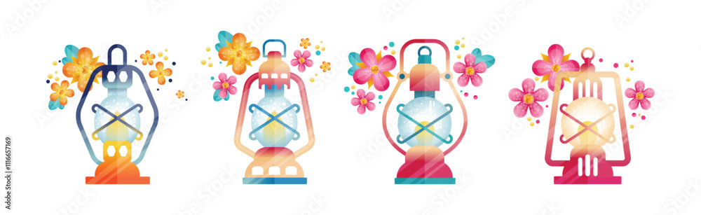 Fototapeta premium Bright Lantern and Lamp with Hoop and Floral Element Vector Set