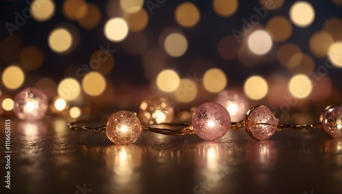 Pink string lights on a dark surface, with blurred golden lights around them.

