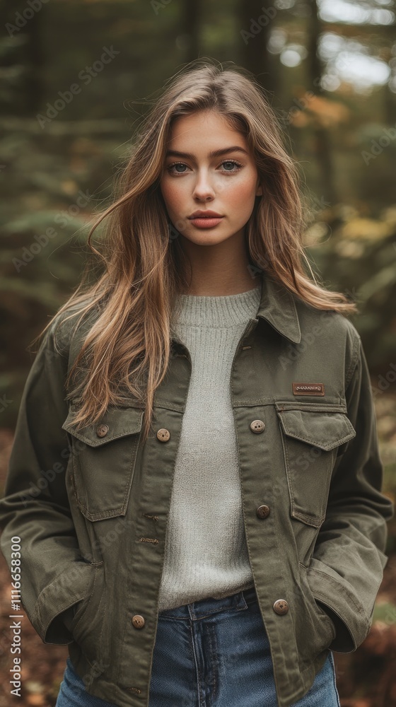 Model posing in forest wearing casual clothing Model posing in forest wearing casual clothing