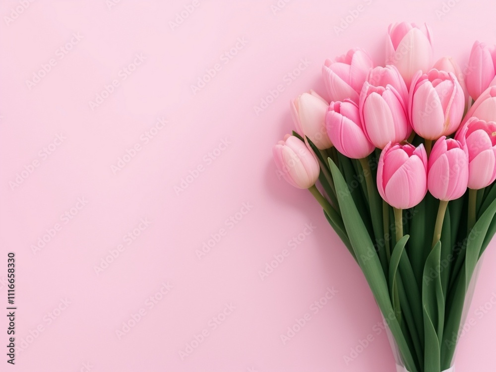 Bouquet of tulips on a pink backdrop with copyspace Bouquet of tulips on a pink backdrop with copyspace