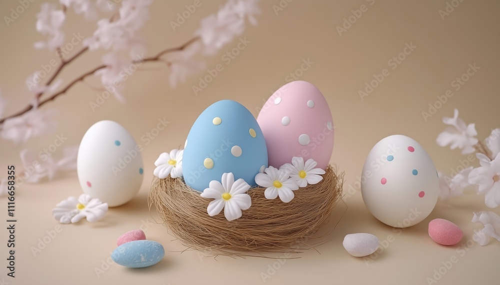 Festive Easter Eggs Adorned With Sweets And Flowers On A Beige Background. Celebrate Easter With White And Blue Eggs, A Charming Candy Nest. Festive Easter Eggs Adorned With Sweets And Flowers On A Beige Background. Celebrate Easter With White And Blue Eggs, A Charming Candy Nest.