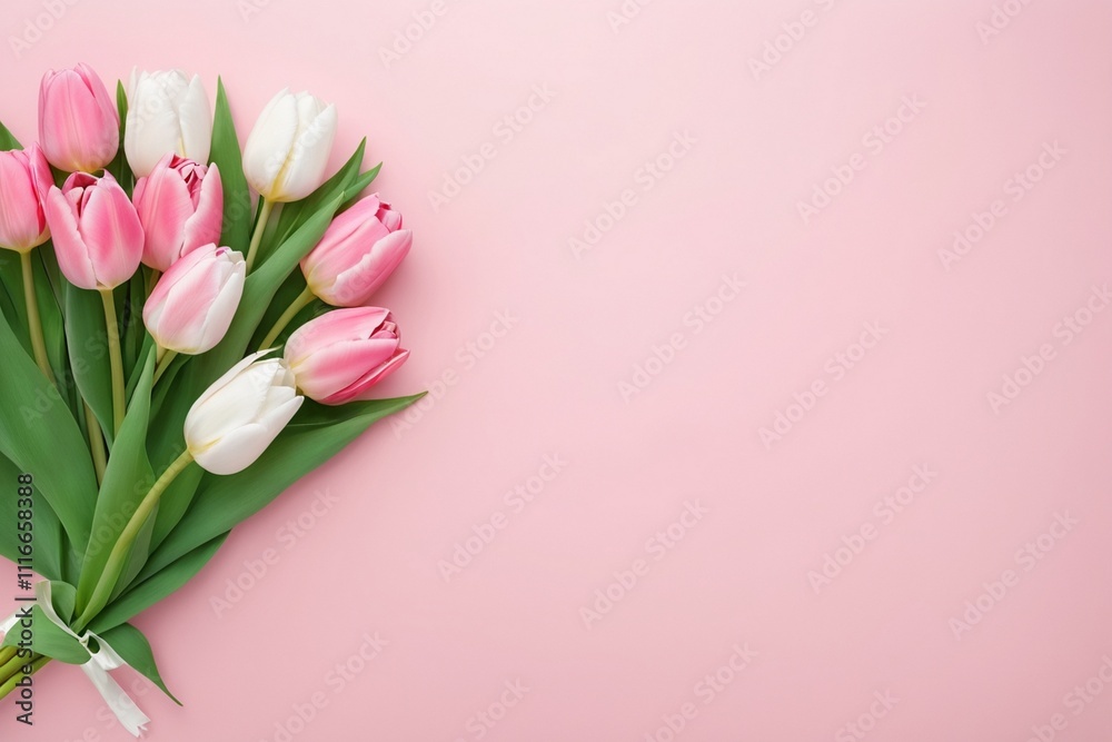 Obraz premium Bouquet of tulips on a pink backdrop with copyspace