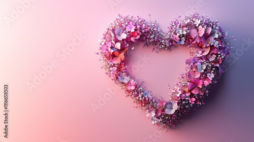 Heart-shaped floral frame on a pastel pink background.