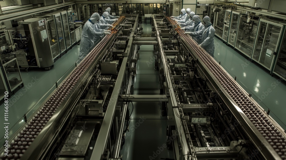 Fototapeta premium Pharmaceutical manufacturing facility with automated pill production lines, clean rooms, and workers in protective suits ensuring high standards of medicine production