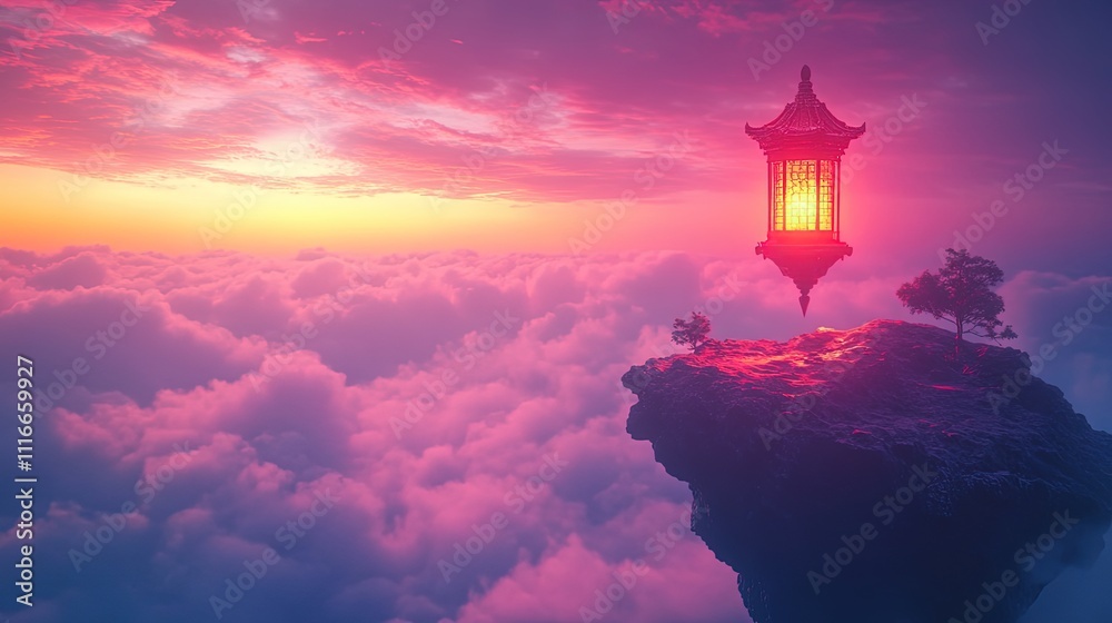 Fototapeta premium Mystical floating rock with a lantern in a cloud filled sunset.