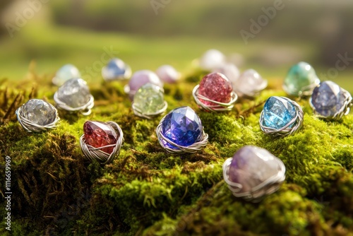 An array of delicate wire-wrapped artificial gemstone rings, each nestled on a cushion of moss. photo