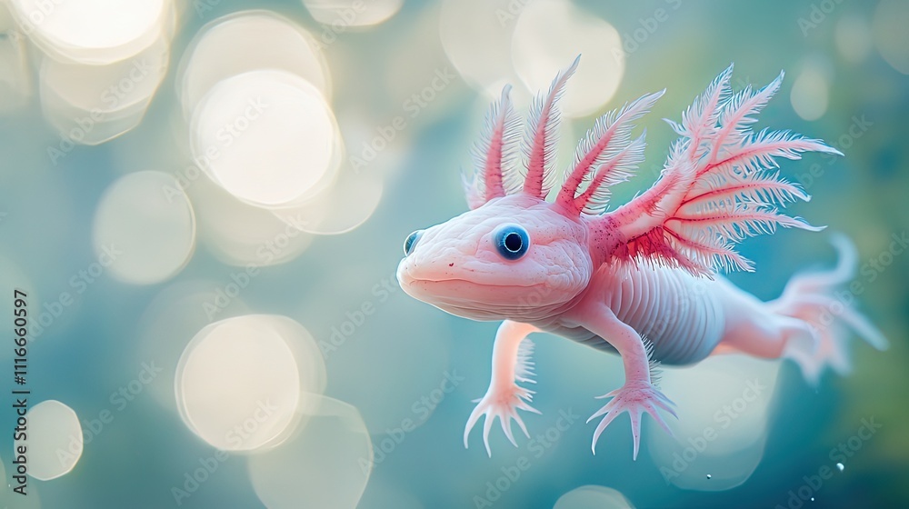Fototapeta premium Pink axolotl with feathery gills, swimming in water with bokeh background.