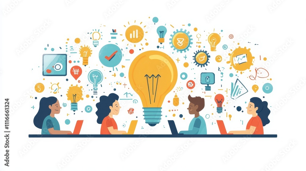 A creative brainstorming session with diverse individuals generating ideas, symbolized by a central light bulb and various innovative icons. A creative brainstorming session with diverse individuals generating ideas, symbolized by a central light bulb and various innovative icons.