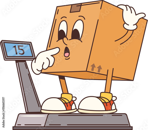 Groovy delivery cardboard box cartoon character weighing. Isolated vector funny parcel retro personage standing on scales with confused face. Funny cargo pack ready for mail or post shipping service