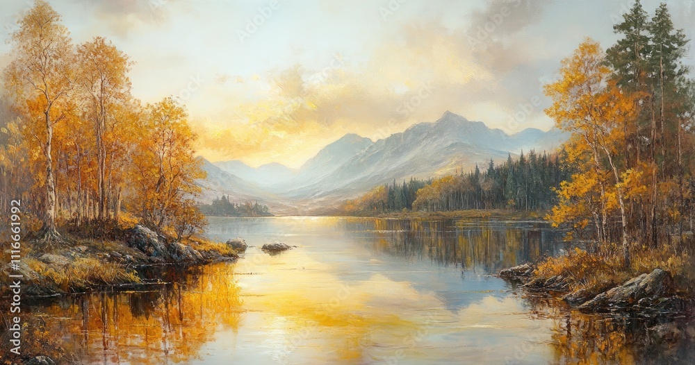 Fototapeta premium Autumnal Lake Mountain Landscape at Sunset