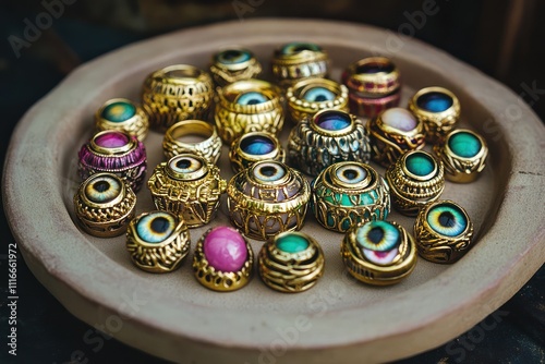 An array of playful artificial cat-eye stone rings, each set in different colorful metals, displayed on a clay tray.