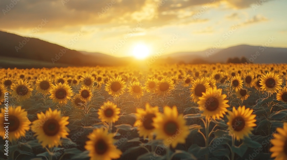 Fototapeta premium Sun Setting Over a Field of Sunflowers
