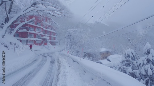 Snowy mountain road with a red building.