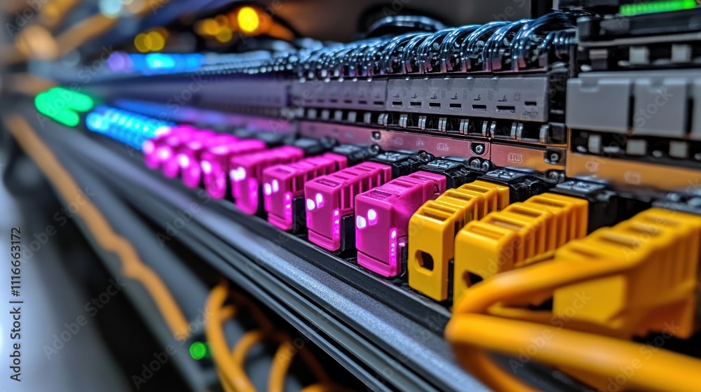 Naklejka premium Close-up of colorful server rack connectors.