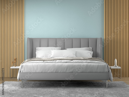 interior of turquoise bedroom with bed 3D rendering