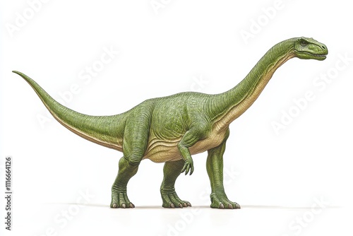 A realistic illustration of a green dinosaur with a long neck and tail