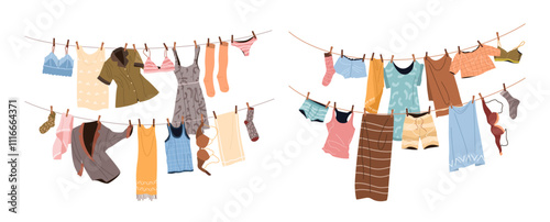 Different clean clothes drying on clotheslines. Set of modern clothing for men and women pinned with clothespins. Cleaning and laundry concept. Washing routine. Isolated flat vector illustrations. 