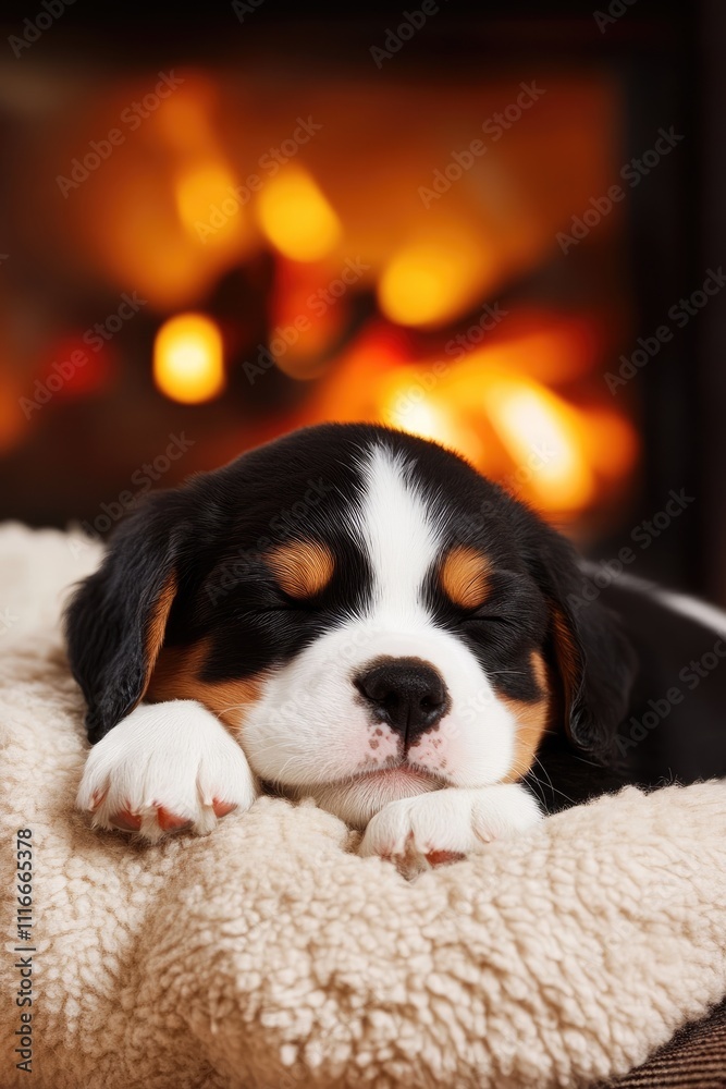 Cozy Puppy Sleeping by Fireplace: Warmth and Comfort in Winter Ambience Cozy Puppy Sleeping by Fireplace: Warmth and Comfort in Winter Ambience
