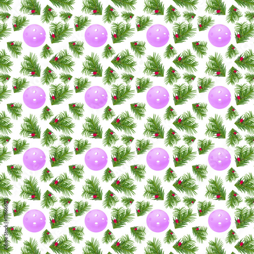 Pattern of green yew branches with red berries and green pickleballs on a whi...