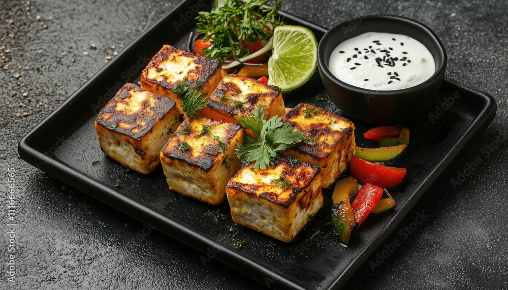 Delicious Vegan Grilled Cheese And Veggie Kebab With Indian Paneer Tikka, White Sauce, And Lime On A Dark Concrete Background. Ample Copy Space Available.