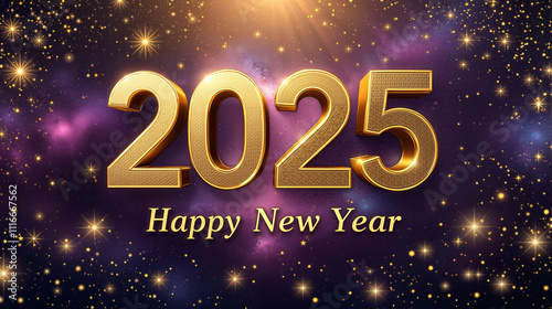 Elegant Happy New Year 2025 Design with Golden Numbers, Glittering Stars, and Festive Confetti Sparkle