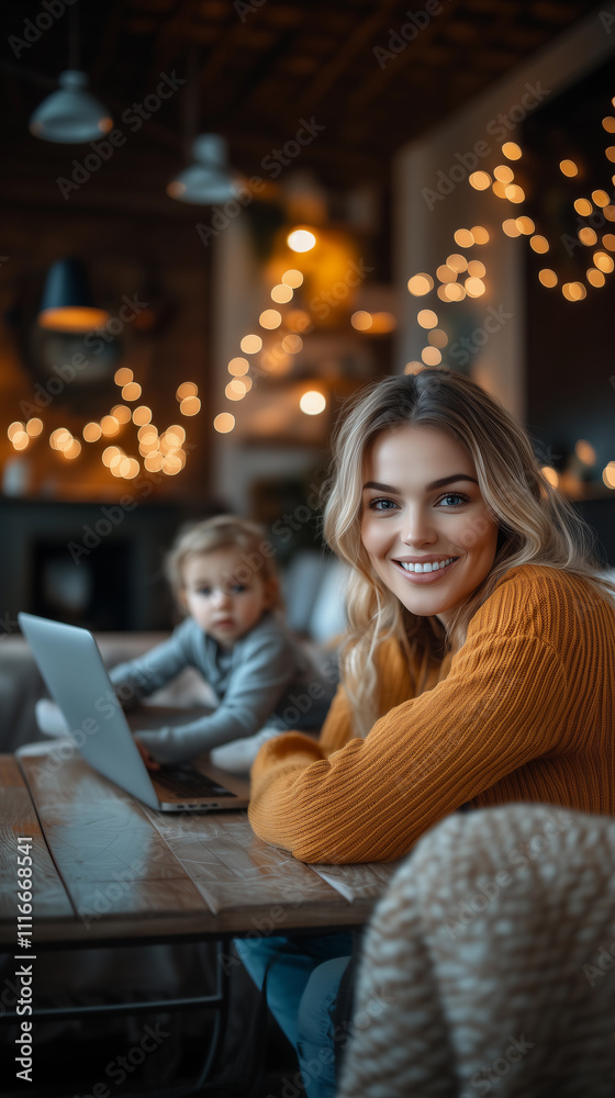 A happy, smiling woman mother is working from home while caring for and playing with her child, beautifully illustrating the balance of remote work, healthy childhood, and motherhood