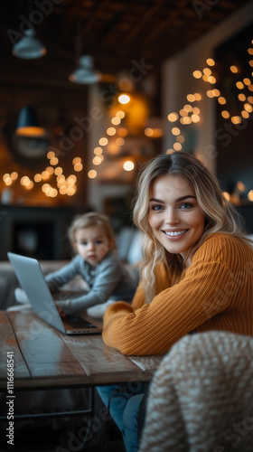 Obraz na płótnie A happy, smiling woman mother is working from home while caring for and playing with her child, beautifully illustrating the balance of remote work, healthy childhood, and motherhood w salonie