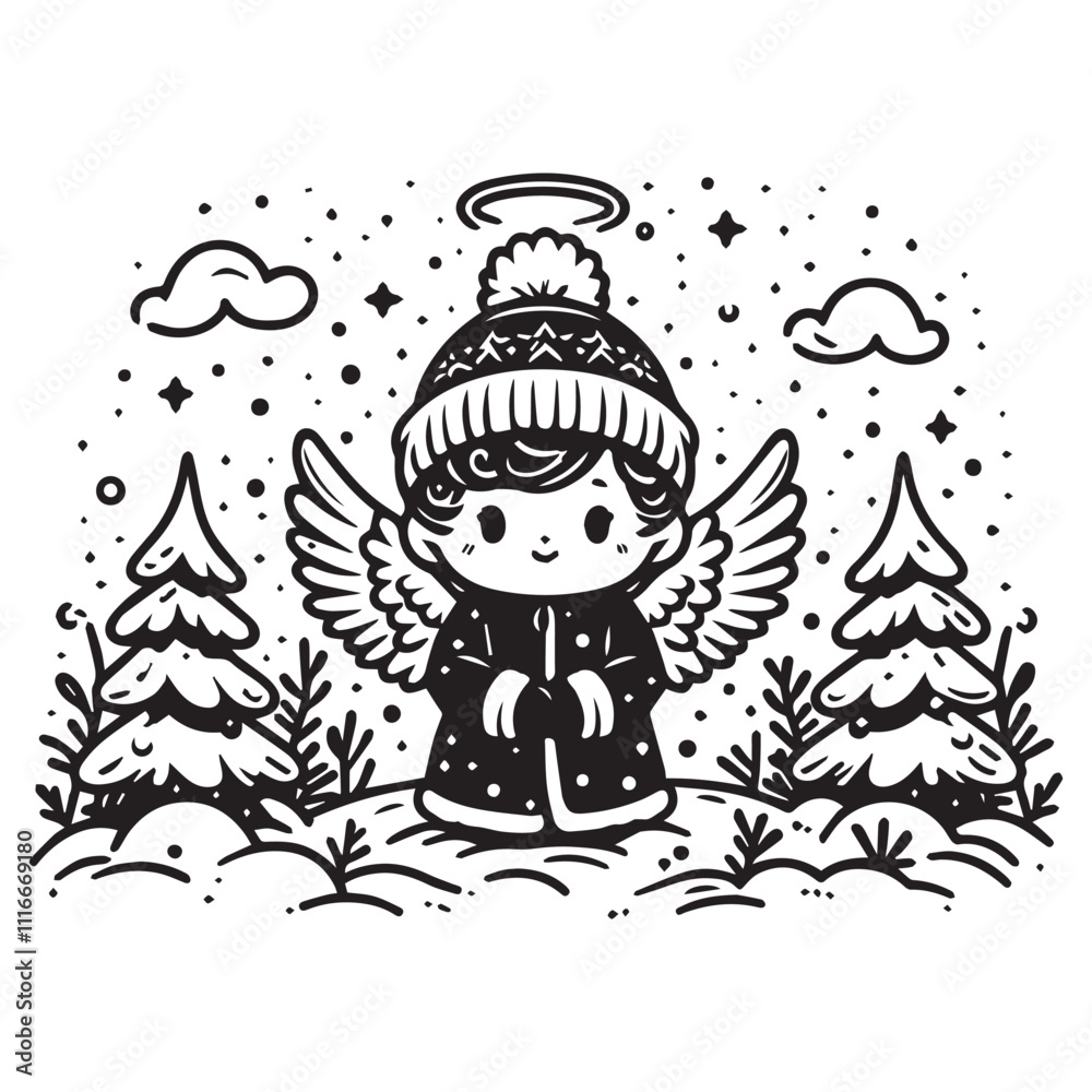Naklejka premium little snow angel in a snowy field black color vector illustration white color background