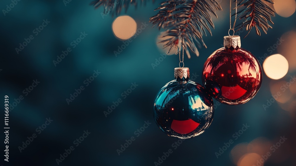 Two festive ornaments dangle from a decorated tree, illuminated by twinkling lights, embodying the spirit of Christmas cheer and celebration.
