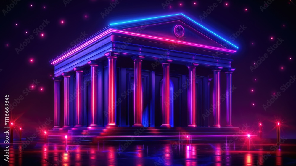 Fototapeta premium Colorful illumination of a grand temple structure in a futuristic setting