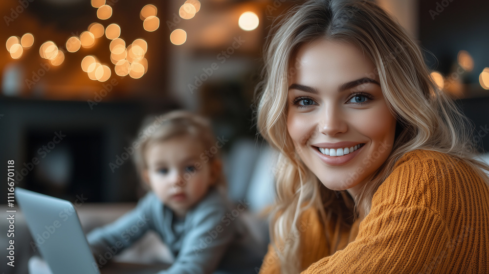 A happy, smiling woman mother is working from home while caring for and playing with her child, beautifully illustrating the balance of remote work, healthy childhood, and motherhood