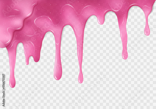 Dripping glossy pink slime with shimmering glitter, featuring a transparent gooey texture, mucus strands, and droplets. Perfect for spooky Halloween themes, alien concepts, creative design projects.