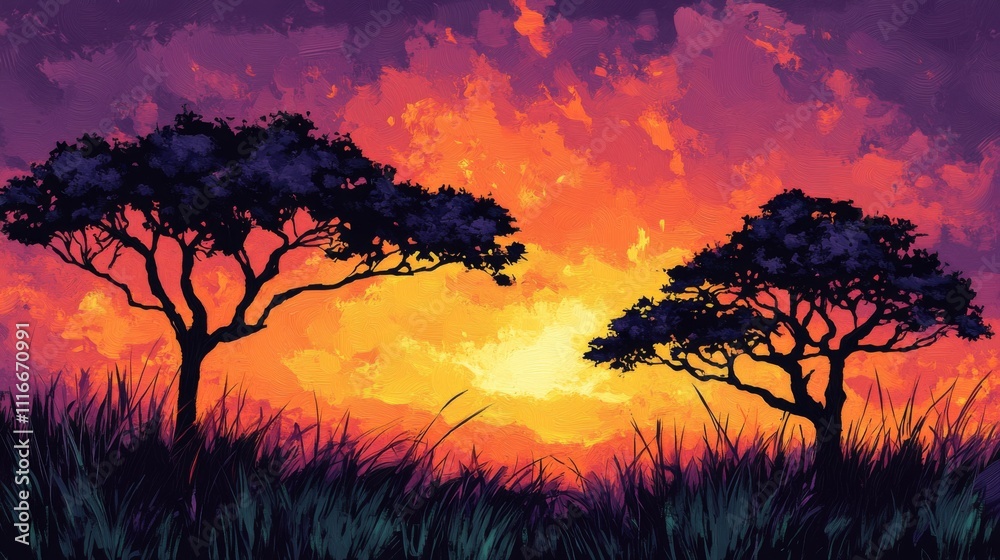 Obraz premium Silhouettes of Two Trees Against a Vibrant Sunset Sky