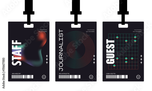 Plastic badges id card badges in a futuristic style. Journalist, guest, staff. Identification cards on a string, entrance ticket, pass