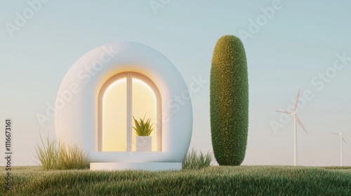 Innovative eco-friendly architecture green landscape digital render tranquil environment futuristic viewpoint sustainability concept